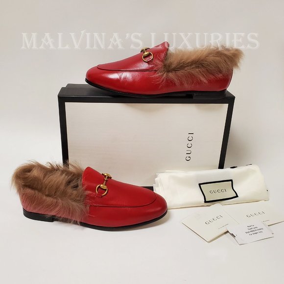 GUCCI SHOES JORDAAN HORSEBIT SHEARLING FUR RED LEATHER LOAFERS 37.5 7.5 US - Picture 2 of 16